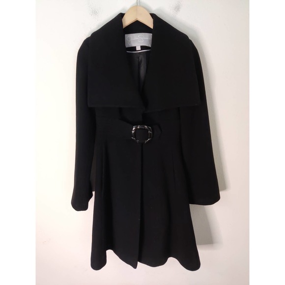 Jessica Simpson Women's Black Wool Blend Belted Longline Trench Pea Coat Size XS